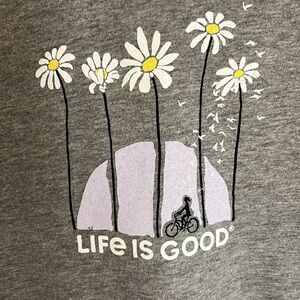 Life Is Good- women's small V neck crusher tee, daisies, birds, girl on bike sun